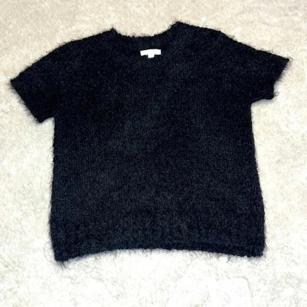 LC Lauren Conrad Black Short Sleeve Fuzzy Sweater Small